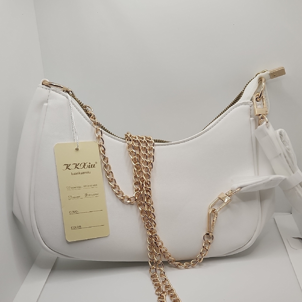 White Shoulder Bag with Gold Chain